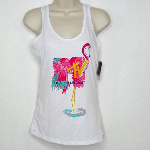 Juniors'  MTV Pink Flamingo Graphic Print Racerback Tank Top - Picture 2 of 4